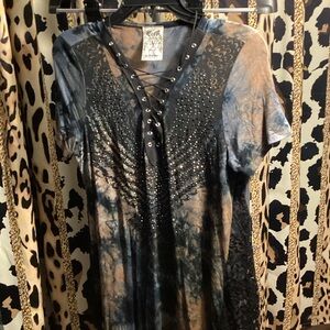 Vocal Black, Brown & Teal Lace-Up Tunic with Bling!